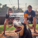 Participants doing squat with their dog with Tough Mudder Challenges logo