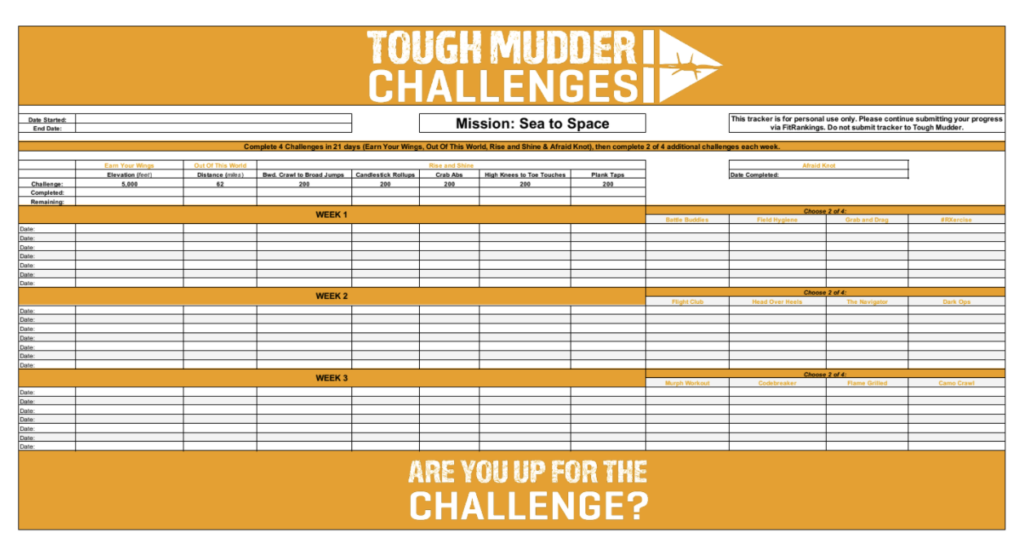 Tough Mudder Challenges monitoring sheet