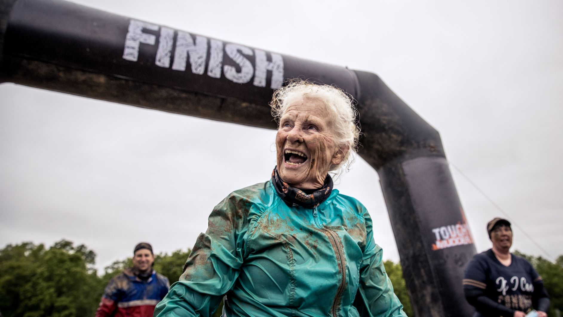 Old lady participant just crossed the finish line