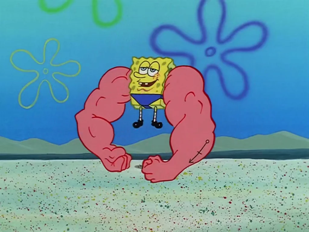 spongebob being held up by his insanely large arm muscles