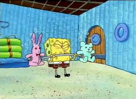 spongebob trying to lift two stuffed animals attached to a barbell